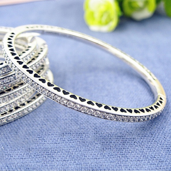 Pandora Set of 3 Bracelets Silver Hearts Enamel Bangles w/ BOX - Picture 1 of 8